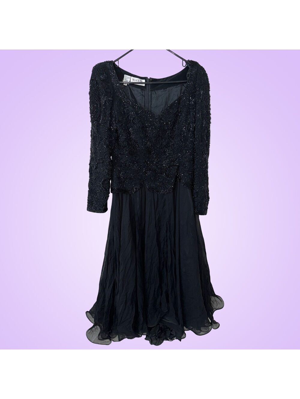 Vintage Black Tie He-Ro Black Beaded Silk Chiffon Evening Dress Size 8